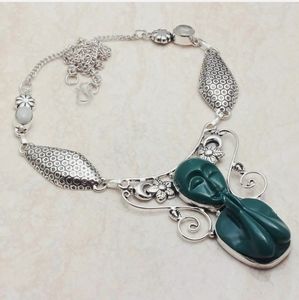 New Carved Praying Green Goddess Rainbow Moonstone 925 Silver Necklace.